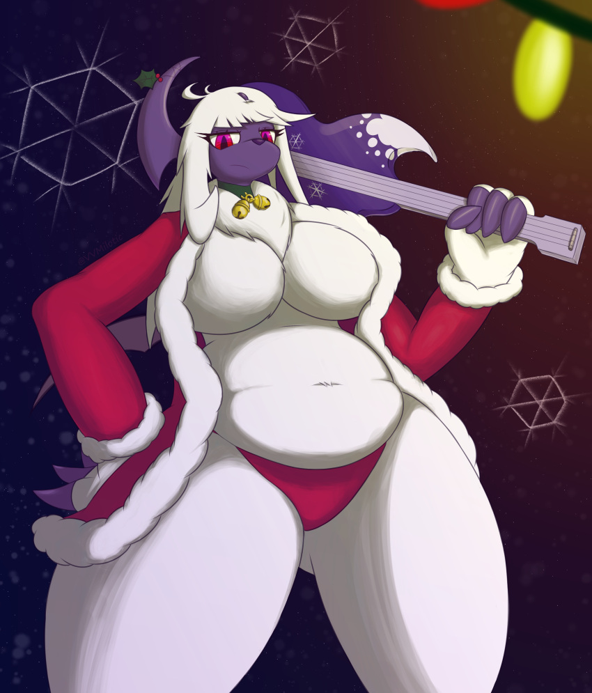 absol absurd_res anthro azta_serenade bell big_breasts big_butt breasts butt canid canine claws clothing collar costume eyelashes female finger_claws fur grey_body guitar hair hi_res horn jingle_bell looking_at_viewer mammal mistletoe musical_instrument nintendo pink_eyes plant plucked_string_instrument pok&eacute;mon pok&eacute;mon_(species) santa_costume semi-anthro snow solo standing string_instrument thick_thighs underwear video_games vvmilotic white_body white_fur wide_hips