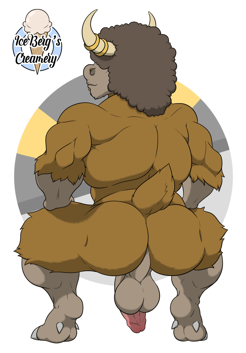 1ceberg absurd_res afro anthro balls big_balls big_butt bouffalant bovid butt crouching erection genitals hi_res horn horn_jewelry male mammal muscular muscular_male nintendo nude piercing pok&eacute;mon pok&eacute;mon_(species) raised_tail rear_view solo video_games