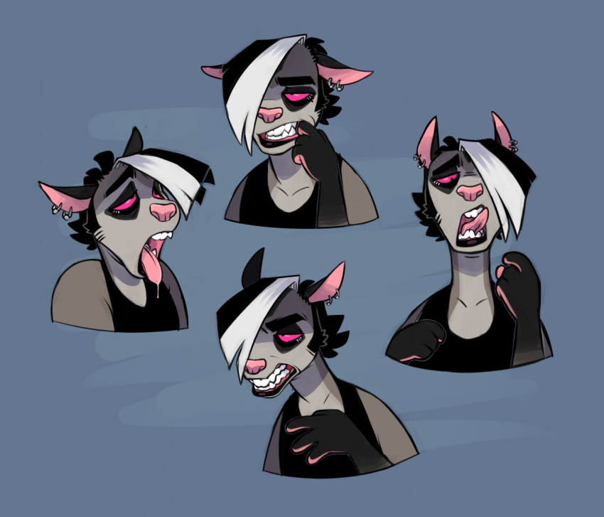 ahegao anthro black_body black_fur black_lips blue_background bodily_fluids buckteeth cadaverrdog chubby_anthro chubby_male dripping drooling ear_piercing ear_ring eye_spots facial_expressions facial_hair fangs fur grey_body grey_fur hair hair_over_eye half-closed_eyes izzy_(cadaverrdog) lips looking_pleasured male mammal marsupial multicolored_hair muscle_shirt narrowed_eyes one_eye_obstructed petaurid phalangeriform piercing punk red_sclera saliva saliva_drip saliva_string sideburns simple_background slightly_chubby snarling solo sugar_glider teeth tongue tongue_out two_tone_hair