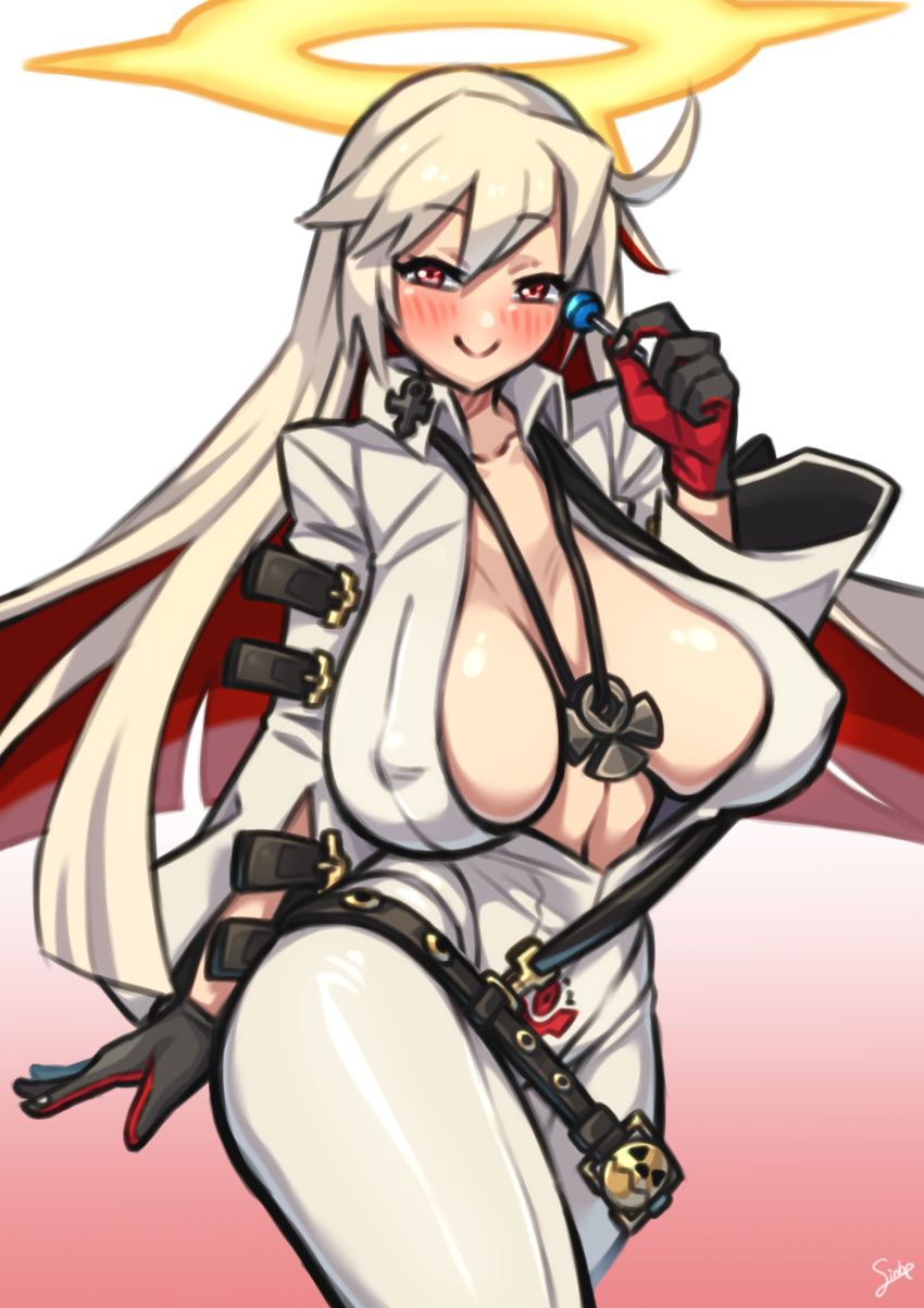 1girl bangs belt belt_buckle black_gloves black_lanyard bodysuit breasts buckle candy center_opening cleavage closed_mouth clothing_cutout coffeelove68 collarbone collared_jacket colored_inner_hair covered_nipples curvy eyebrows_visible_through_hair food front_slit gloves guilty_gear guilty_gear_xrd hair_between_eyes halo highres jack-o'_valentine jewelry jumpsuit lanyard large_breasts lollipop long_hair long_sleeves looking_at_viewer multicolored_hair no_bra pendant pointy_breasts red_eyes red_hair shirt shoulder_belt sideboob signature simple_background skin_tight smile solo standing straitjacket studded_belt too_many_belts two-tone_hair very_long_hair white_background white_bodysuit white_hair white_jumpsuit