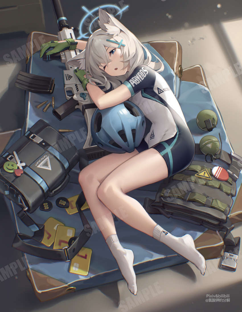 1girl absurdres animal_ear_fluff animal_ears assault_rifle bag bangs bare_legs bilibili_xiaolu blue_archive blue_eyes bodysuit cartridge cross_hair_ornament explosive full_body gloves green_gloves grenade gun hair_between_eyes hair_ornament halo highres long_hair looking_at_viewer lying magazine_(weapon) no_shoes on_side one_eye_closed parted_lips rifle sample_watermark school_bag shiroko_(blue_archive) short_sleeves silver_hair socks solo weapon white_bodysuit white_legwear