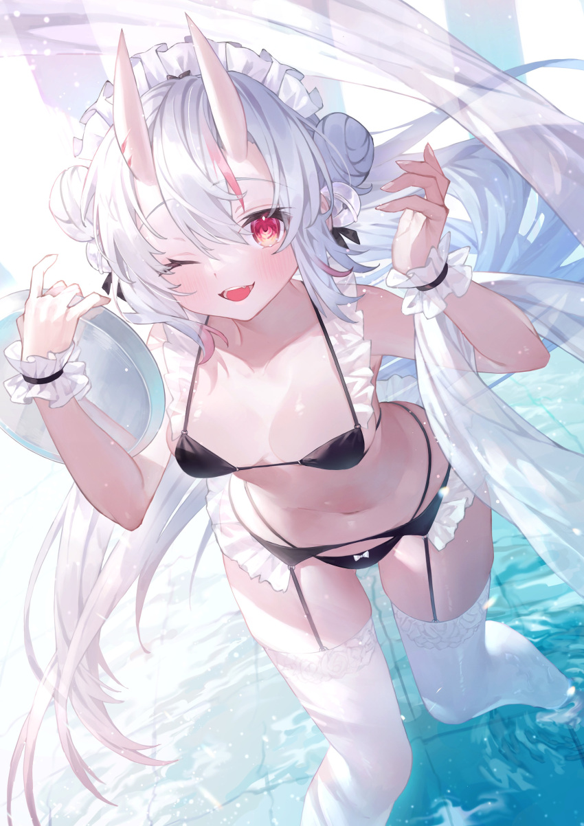 1girl ;d absurdres bikini black_bikini breasts highres holding holding_tray hololive horns long_hair medium_breasts multicolored_hair nakiri_ayame one_eye_closed oni_horns rin31153336 smile solo streaked_hair swimsuit tray very_long_hair virtual_youtuber