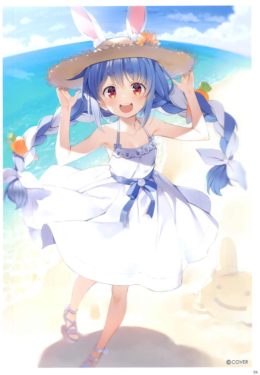 1girl absurdres animal_ears bangs bare_shoulders beach blue_hair blue_sky blush braid breasts cleavage cloud cloudy_sky collarbone day dress eyebrows_visible_through_hair food-themed_hair_ornament full_body hair_ornament hands_up hat highres holding hololive long_hair looking_at_viewer multicolored_hair ocean open_mouth orange_eyes outdoors page_number scan shiny shiny_hair shore simple_background sky sleeveless sleeveless_dress smile standing sun_hat tied_hair twin_braids usada_pekora virtual_youtuber water white_dress white_hair yuuki_hagure