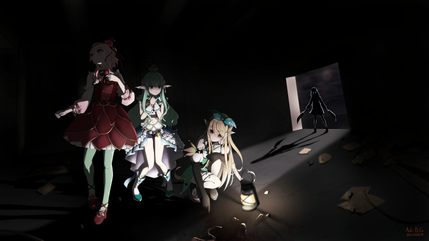 4girls absurdres adi_b.g. blonde_hair blue_eyes cleaver commentary dark english_commentary finana_ryugu glowing glowing_eyes green_hair highres lantern long_hair multiple_girls nijisanji nijisanji_en pantyhose pink_hair pomu_rainpuff red_eyes rosemi_lovelock shadow skirt suzuhara_lulu virtual_youtuber