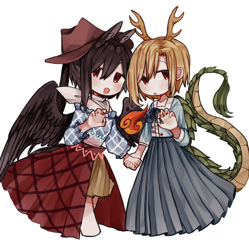 2girls animal_ears antlers bangs black_hair black_wings blonde_hair blue_ribbon blue_shirt blue_skirt blush brown_skirt claw_pose commentary_request cowboy_hat cowboy_western cropped_legs dragon_girl dragon_horns dragon_tail expressionless eyebrows_visible_through_hair feathered_wings hair_between_eyes hat highres holding_hands horns horse_ears horse_girl horse_tail kicchou_yachie kurokoma_saki long_skirt long_sleeves looking_to_the_side multiple_girls neck_ribbon open_mouth pleated_skirt ponytail puffy_long_sleeves puffy_sleeves red_eyes ribbon shirt short_hair sidelocks simple_background skirt smile standing tail touhou turtle_shell white_background wings yuejinlin