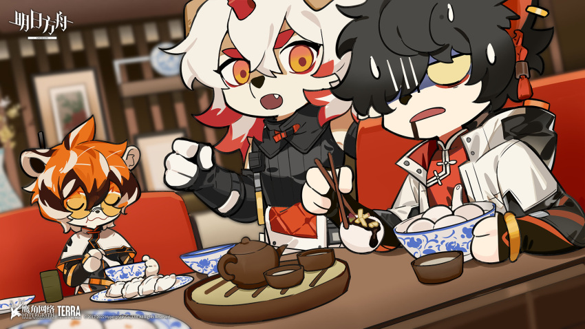 1girl 2boys aak_(arknights) animal_ears arknights baozi black_dress black_gloves black_hair black_shirt blurry blurry_background body_fur bridal_gauntlets brown_hair capelet cat_boy cat_ears chopsticks company_name copyright copyright_name cup diner dog_boy dog_ears dress drooling dumpling dutch_angle ear_piercing eating food furry furry_female furry_male glasses gloves highres holding holding_chopsticks horns hung_(arknights) indoors jacket jiaozi multicolored_fur multicolored_hair multiple_boys official_art open_clothes open_jacket open_mouth orange_fur orange_hair piercing red_hair semi-rimless_eyewear shirt short_hair single_horn streaked_hair teacup teapot tiger_ears tiger_girl tinted_eyewear under-rim_eyewear uwu waai_fu_(arknights) wavy_mouth white_capelet white_fur white_hair white_jacket yellow_eyes