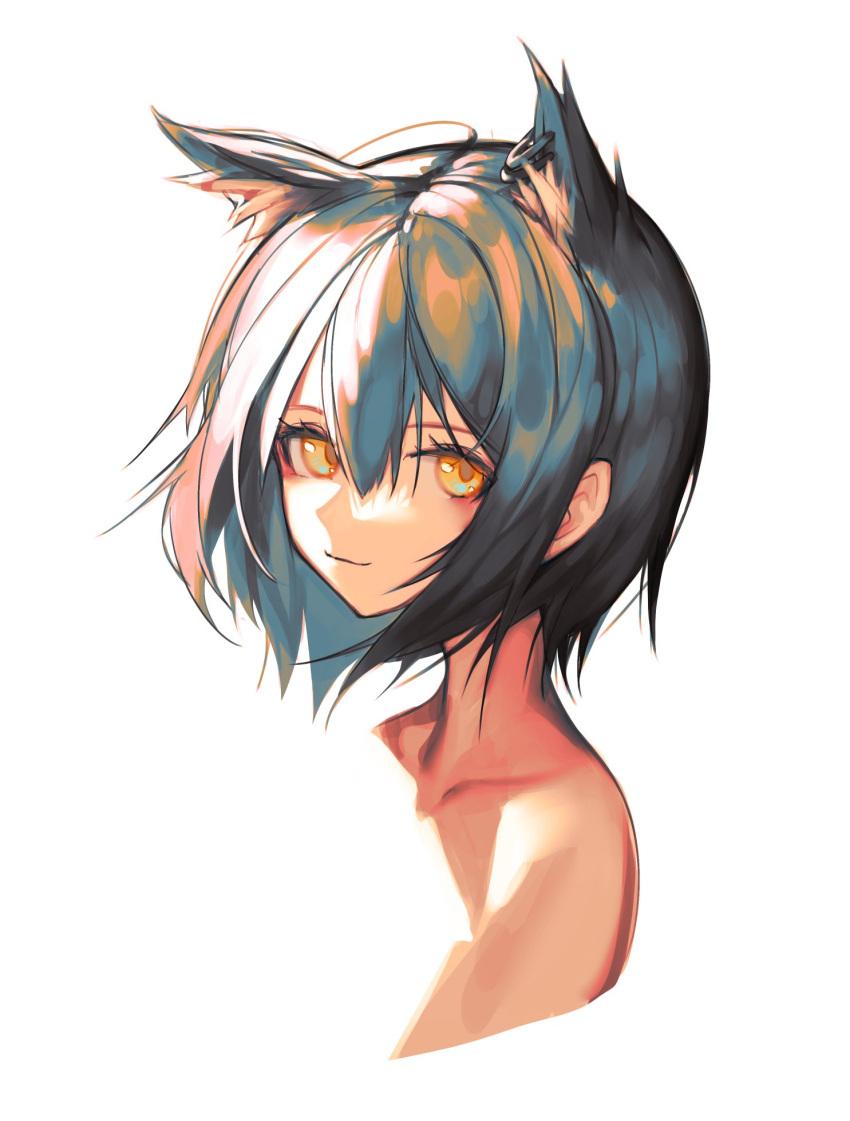 1girl alternate_hair_length alternate_hairstyle animal_ears arknights bangs black_hair closed_mouth collarbone commentary ear_piercing english_commentary extra_ears highres looking_at_viewer piercing portrait short_hair simple_background smile solo texas_(arknights) veilrain white_background wolf_ears