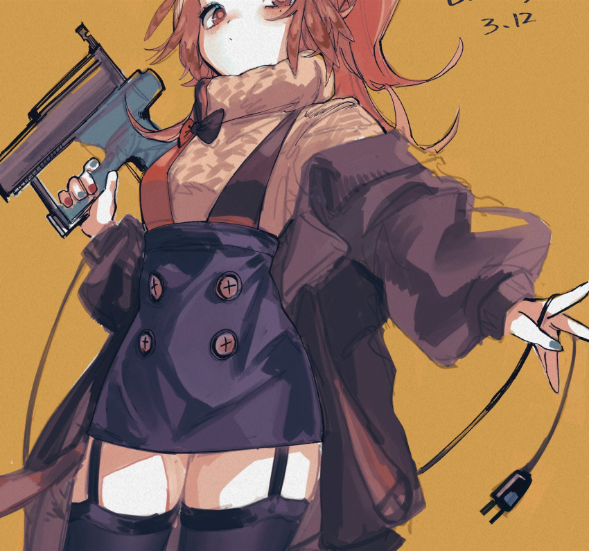 1girl aran_sweater arknights black_bow black_legwear blue_nails blue_skirt blush bow brown_background brown_sweater buttons cropped dated feather_hair garter_straps gun highres holding holding_gun holding_weapon long_hair mmm_ma_pmpm mole mole_under_eye multicolored_nails nail_gun one-hour_drawing_challenge orange_eyes orange_hair pinecone_(arknights) plug ponytail red_nails simple_background sketch skirt solo sweater thighhighs weapon wire