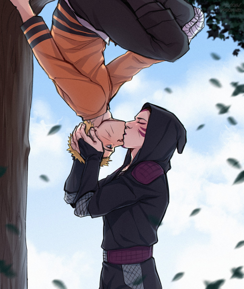 2boys alek_reyes bandaged_hand bandages blonde_hair blue_eyes blurry closed_eyes depth_of_field facial_mark hanging_from_tree highres hood jacket kankurou_(naruto) kiss leaf male_focus multiple_boys naruto_(series) ninja orange_jacket outdoors tree upside-down uzumaki_naruto yaoi