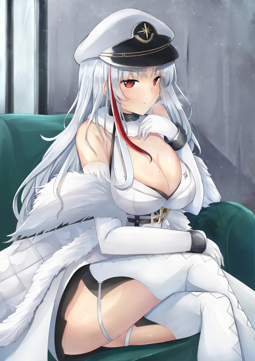 absurdres azur_lane breasts brown_eyes coat gloves highres large_breasts long_hair looking_at_viewer mole mole_on_breast multicolored_hair nori_aji simple_background skirt tallinn_(azur_lane) thighhighs white_coat white_hair