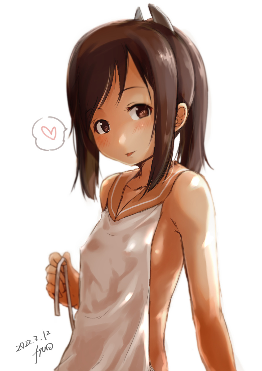 1girl absurdres artist_name brown_eyes brown_hair commentary_request dark-skinned_female dark_skin dated flat_chest fyuo heart highres i-401_(kancolle) kantai_collection looking_at_viewer orange_sailor_collar ponytail sailor_collar shirt short_hair side-tie_shirt simple_background sleeveless sleeveless_shirt solo spoken_heart tongue tongue_out untied upper_body white_background