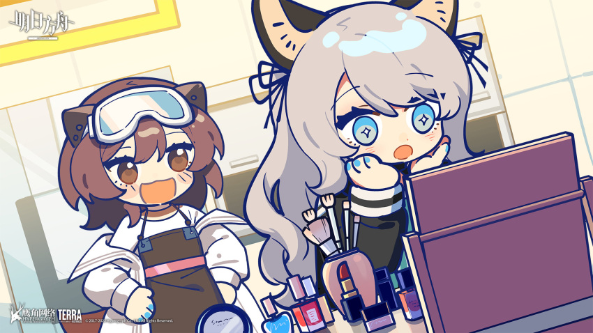 +_+ 2girls :d :o animal_ears arknights black_ribbon blue_eyes blue_nails blush brown_eyes brown_hair brown_overalls cat_ears chibi coat copyright copyright_name cosmetics dutch_angle ear_piercing excited eyebrows_visible_through_hair goggles goggles_on_head grey_hair hair_ribbon hands_on_hips highres indoors lipstick_tube mint_(arknights) mirror multiple_girls nail_polish_bottle off_shoulder official_art open_clothes open_coat otter_ears overalls piercing ribbon roberta_(arknights) shirt smile white_coat white_shirt