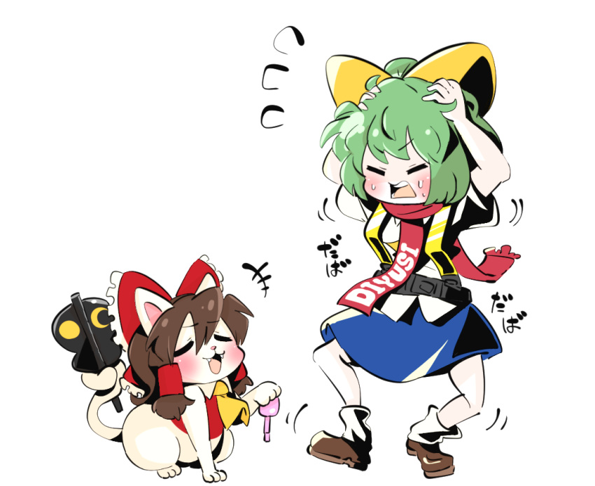 2girls animalization ascot bangs blue_skirt blush bow brown_footwear brown_hair cat character_name closed_eyes colored_skin commentary_request cookie_(touhou) daiyousei diyusi_(cookie) enema fangs full_body gram_9 green_hair hair_bow hakurei_reimu hands_on_own_head high-visibility_vest long_hair medium_hair multiple_girls noel_(cookie) open_mouth red_bow shirt shoes simple_background skirt socks standing touhou war_fan white_background white_legwear white_shirt white_skin yellow_ascot yellow_bow