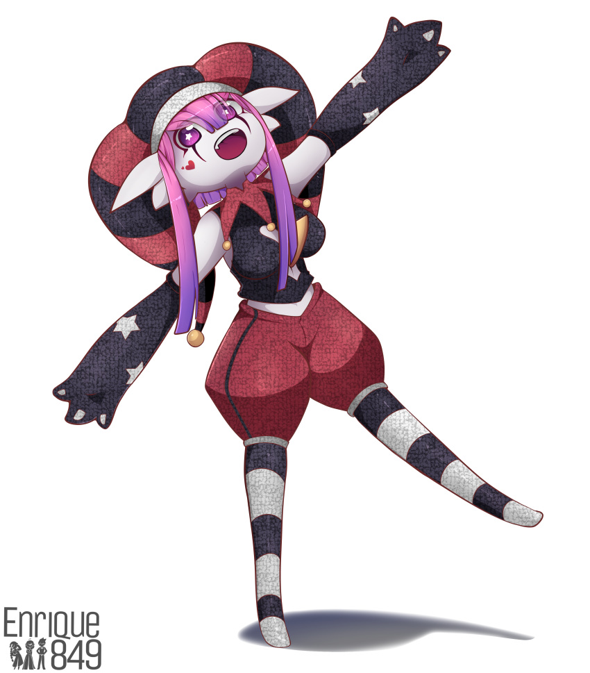 2022 absurd_res clothing enrique849 female fool's_hat gardevoir hair hat headgear headwear heart_(marking) hi_res humanoid jester_outfit midriff nintendo not_furry on_one_leg open_mouth outstretched_arms pok&eacute;mon pok&eacute;mon_(species) purple_hair signature simple_background solo standing star_eyes translucent translucent_hair video_games white_background