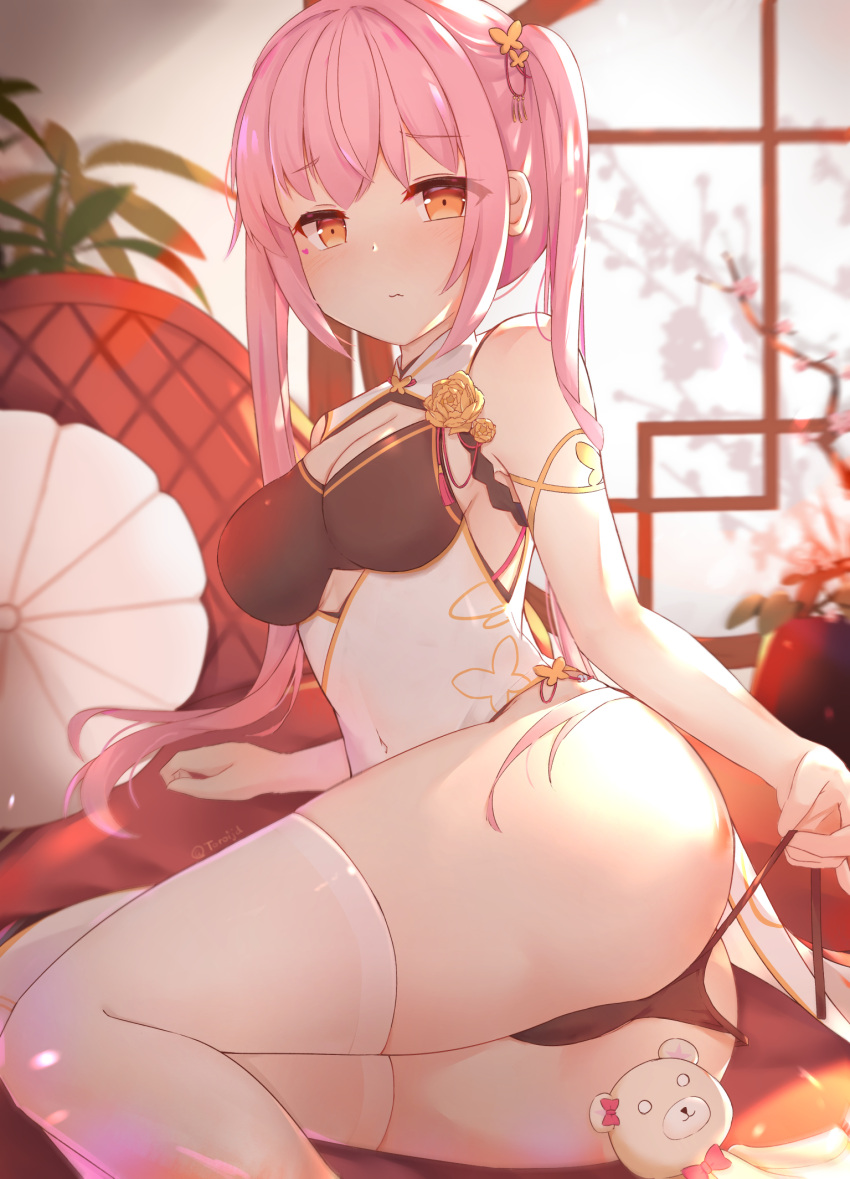 1girl bangs bear blush breasts china_dress chinese_clothes dress frown hair_ornament highres himekuma_ribon on_bed orange_eyes panties pink_hair plant re:act solo thighhighs thighs toroi_jd twintails underwear virtual_youtuber