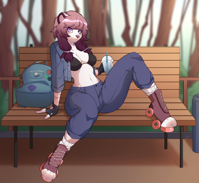 absurd_res anthro arm_support backpack bench beverage black_bra black_clothing black_underwear blue_bottomwear blue_clothing blue_pants bottomwear bra breasts bubble_tea clothed clothing digital_media_(artwork) female gloves hair handwear hi_res holding_beverage holding_object jacket long_hair mammal mojaloo navel on_bench open_clothing open_jacket open_topwear outside pants park_bench plant public purple_eyes rollerskates shaded signature sitting sitting_on_bench solo topwear trash_can tree underwear