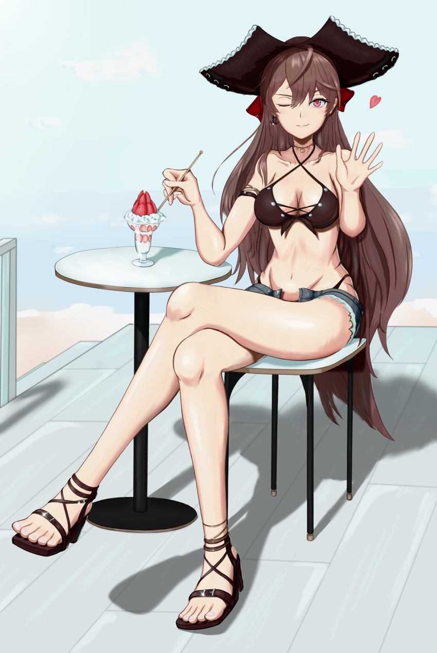 1girl absurdres arm_up azur_lane bangs bare_legs bare_shoulders beach bikini bikini_top_only black_headwear bow breasts brown_bikini brown_hair chair cleavage closed_mouth collarbone crossed_legs denim denim_shorts earrings eyebrows_visible_through_hair food full_body hair_bow hat heart heart_print highres ice_cream jean_bart_(azur_lane) jean_bart_(private_apres_midi)_(azur_lane) jewelry legs long_hair looking_at_viewer medium_breasts navel official_alternate_costume one_eye_closed pirate_hat red_eyes ropi_(yyuichi29) sandals shorts simple_background sitting smile solo swimsuit table toes