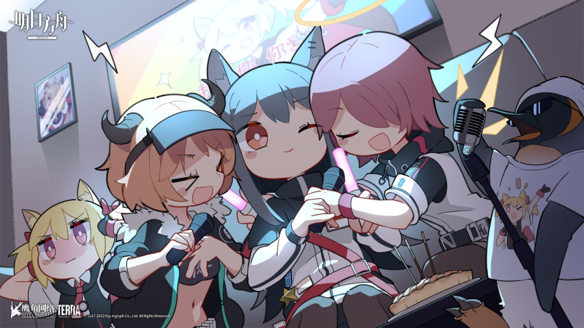 &gt;_&lt; 1boy 4girls :d animal animal_ears apple_pie arknights beanie belt bird black_gloves black_hair black_jacket black_legwear black_shorts black_tube_top black_vest blonde_hair blush bow character_print claws closed_eyes clothes_writing collared_shirt company_name copyright copyright_name couch covering_ears cow_horns croissant_(arknights) detached_wings dutch_angle ear_piercing embarrassed energy_wings exusiai_(arknights) food fur-trimmed_jacket fur_trim gloves hair_bow hair_over_one_eye halo hat highres holding holding_microphone holding_microphone_stand horns indoors jacket karaoke long_hair long_sleeves microphone microphone_stand midriff multicolored_clothes multicolored_jacket multiple_girls music navel necktie official_art one_eye_closed open_mouth orange_hair pantyhose penguin penguin_logistics_logo picture_(object) picture_frame piercing pocky red_belt red_bow red_eyes red_hair red_necktie shirt short_hair shorts singing sitting smile sora_(arknights) star_(symbol) strapless sunglasses t-shirt texas_(arknights) the_emperor_(arknights) tube_top twintails two-tone_jacket vest visor_cap white_headwear white_jacket white_shirt wings wolf_ears xd