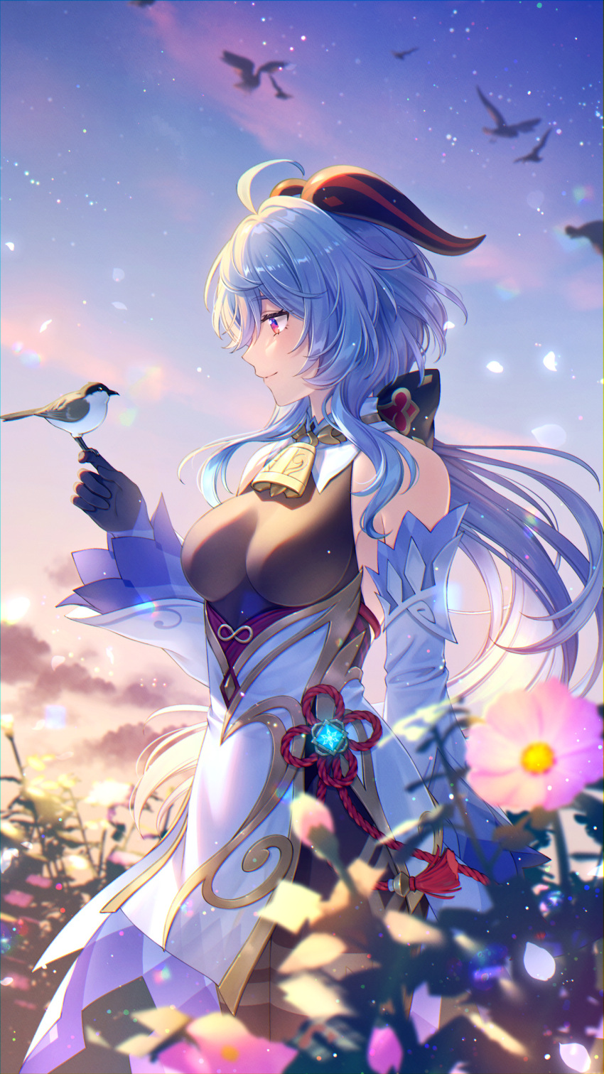 1girl absurdres ahoge akatsuki_(4941086) bare_shoulders bell bird black_gloves blue_hair bow breasts chinese_knot detached_sleeves dusk evening eyebrows_visible_through_hair flower flower_knot ganyu_(genshin_impact) genshin_impact gloves gold_trim gradient_sky highres horns light_smile long_hair looking_at_another looking_to_the_side low_ponytail medium_breasts neck_bell orange_sky outdoors petals purple_eyes red_rope rope sidelocks sky solo standing tassel vision_(genshin_impact) white_sleeves