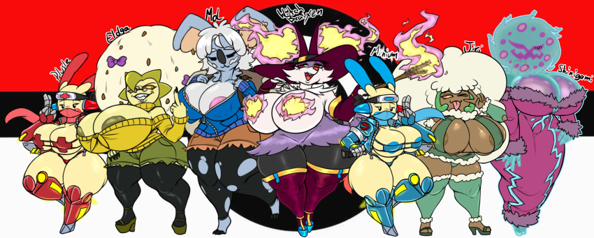 2022 anthro areola big_breasts blep blue_body blue_fur bottomwear braixen breasts cleavage clothed clothing eldegoss eyes_closed eyewear facial_piercing female fire fur gesture glasses hat headgear headwear hi_res holding_object holding_weapon huge_breasts humanoid jyto komala legwear lip_piercing middle_finger minun ninja nintendo nipple_outline panties piercing plusle pok&eacute;mon pok&eacute;mon_(species) pok&eacute;mon_humanoid pok&eacute;morph purple_body purple_fur shorts spiritomb stick thick_thighs thigh_highs tongue tongue_out topwear torn_clothing underwear v_sign video_games warrior weapon whimsicott zipper
