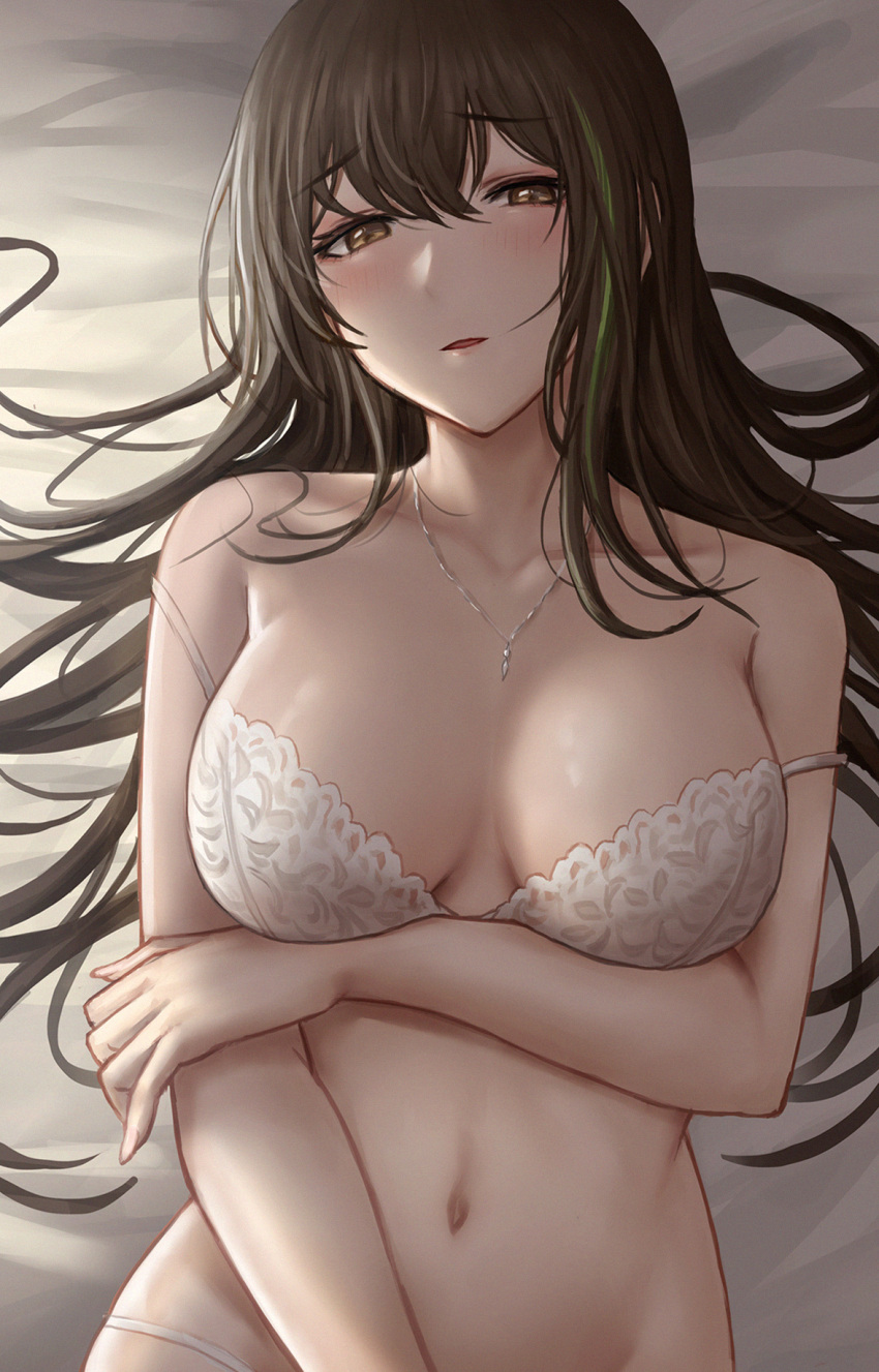 1girl black_hair bra breasts brown_eyes collarbone girls'_frontline green_hair highres jewelry large_breasts long_hair lying m4a1_(girls'_frontline) multicolored_hair navel necklace on_back panties selcky solo streaked_hair underwear underwear_only white_bra white_panties