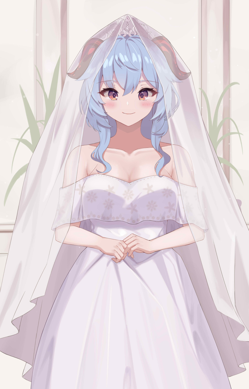 1girl absurdres ahoge bangs blue_hair blush breasts cleavage collarbone dress eyebrows_visible_through_hair ganyu_(genshin_impact) genshin_impact highres horns long_hair looking_at_viewer medium_breasts multicolored_eyes own_hands_together purple_eyes puto_(put_to_) smile solo standing veil wedding_dress white_dress