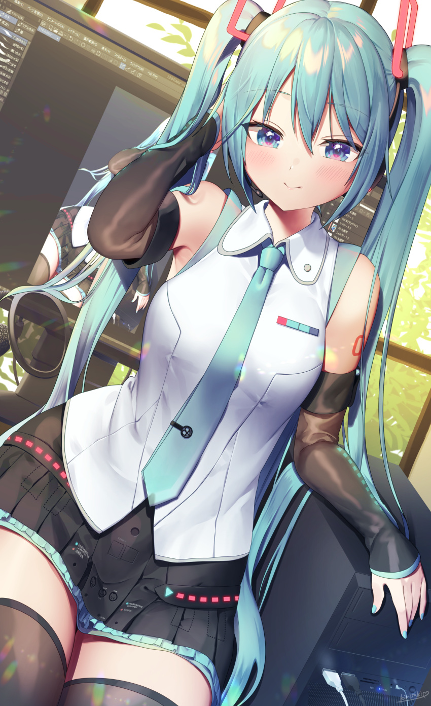 1girl absurdres aqua_eyes aqua_hair aqua_nails aqua_necktie black_legwear black_skirt black_sleeves blue_eyes blue_hair blush breasts clip_studio_paint collared_shirt detached_sleeves hair_ornament hand_in_hair hand_on_own_head hand_up hatsune_miku hatsune_miku_(vocaloid4) headphones highres kirisaki_shuusei long_hair medium_breasts microphone miniskirt monitor nail_polish necktie pleated_skirt pop_filter see-through_legwear shirt sitting skirt sleeveless sleeveless_shirt smile solo thighhighs twintails v4x very_long_hair vocaloid white_shirt zettai_ryouiki