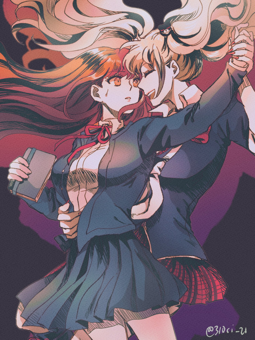 2girls :d absurdres bangs bear_hair_ornament black_jacket black_shirt black_skirt book bow breasts collared_shirt cowboy_shot danganronpa/zero danganronpa_(series) enoshima_junko eyebrows_visible_through_hair facing_another fingernails hair_ornament highres holding holding_book holding_hands jacket large_breasts long_hair long_sleeves looking_at_another midori_(310ri_21) multiple_girls nail_polish neck_ribbon necktie open_clothes open_jacket otonashi_ryouko plaid plaid_skirt pleated_skirt red_bow red_hair red_nails red_ribbon red_skirt ribbon school_uniform sharp_fingernails shiny shiny_hair shirt skirt smile spoilers teeth twintails upper_teeth white_shirt