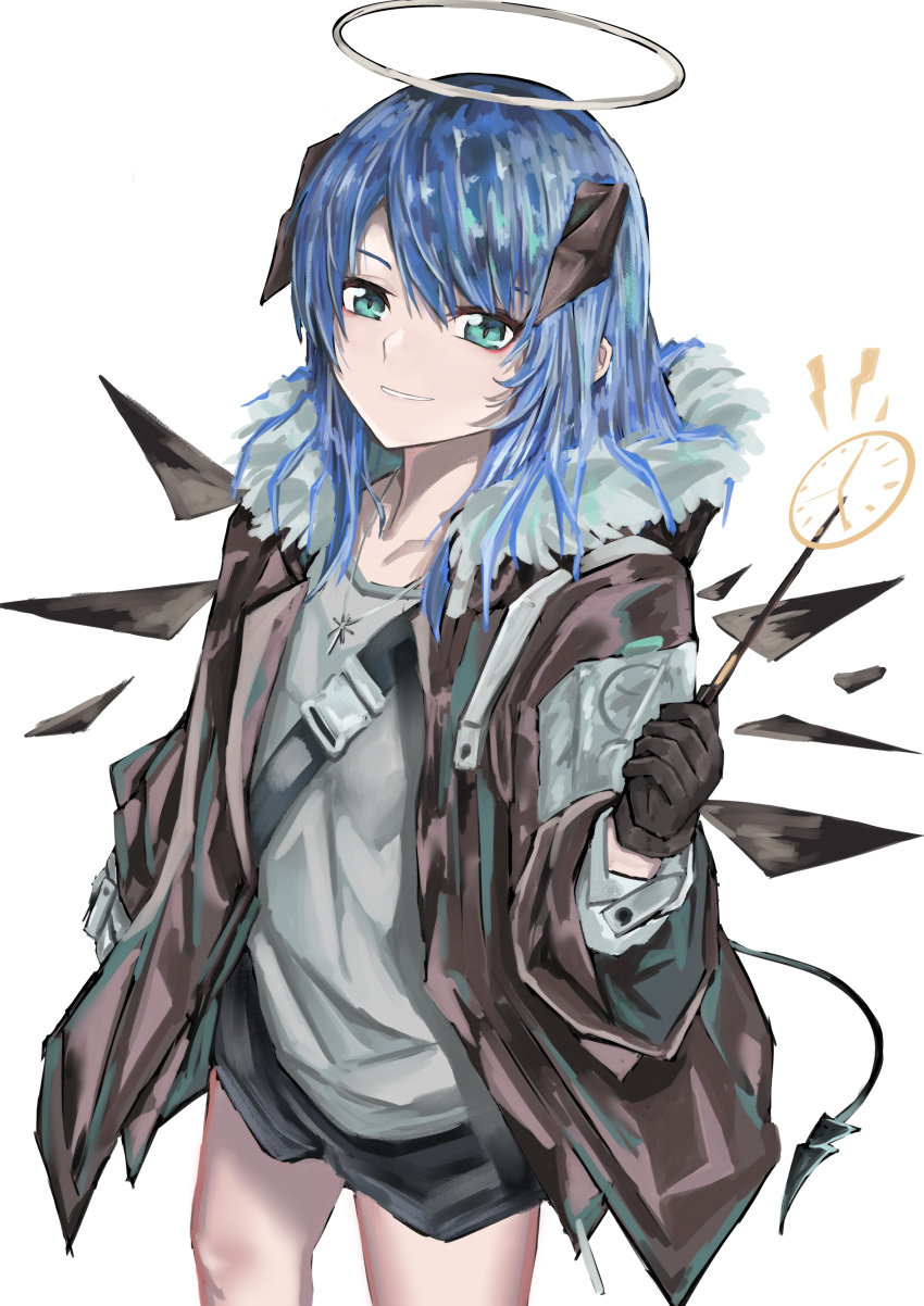 1girl absurdres arknights black_gloves black_jacket black_shorts black_wings blue_eyes blue_hair clock cowboy_shot demon_girl demon_horns demon_tail detached_wings energy_wings fur-trimmed_hood fur_trim gloves grey_shirt hair_between_eyes halo hand_up highres holding holding_wand hood hood_down hooded_jacket horns jacket looking_at_viewer mostima_(arknights) open_clothes open_jacket parted_lips putcho shirt shorts simple_background solo tail wand white_background wings