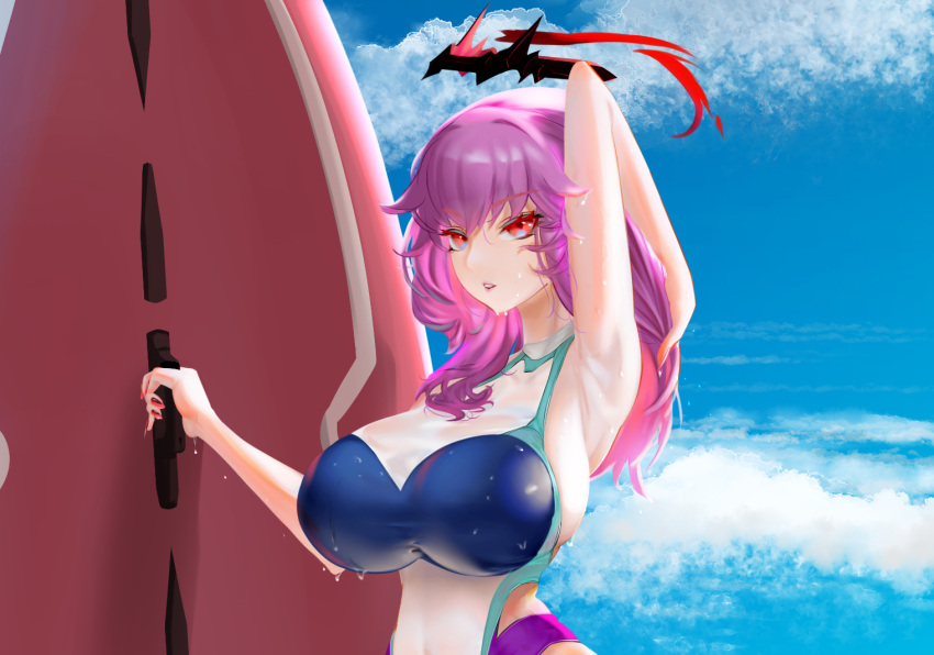 1girl alternate_costume arm_behind_head armpits azibuda azur_lane bangs beach blue_sky breasts cloud competition_swimsuit day duca_degli_abruzzi_(azur_lane) eyebrows_visible_through_hair halo hand_in_hair holding holding_surfboard huge_breasts impossible_clothes impossible_swimsuit long_hair looking_at_viewer multicolored_clothes multicolored_swimsuit nail_polish one-piece_swimsuit open_mouth parted_lips purple_hair red_eyes red_nails skin_tight sky solo surfboard swimsuit upper_body wet wet_clothes wet_swimsuit