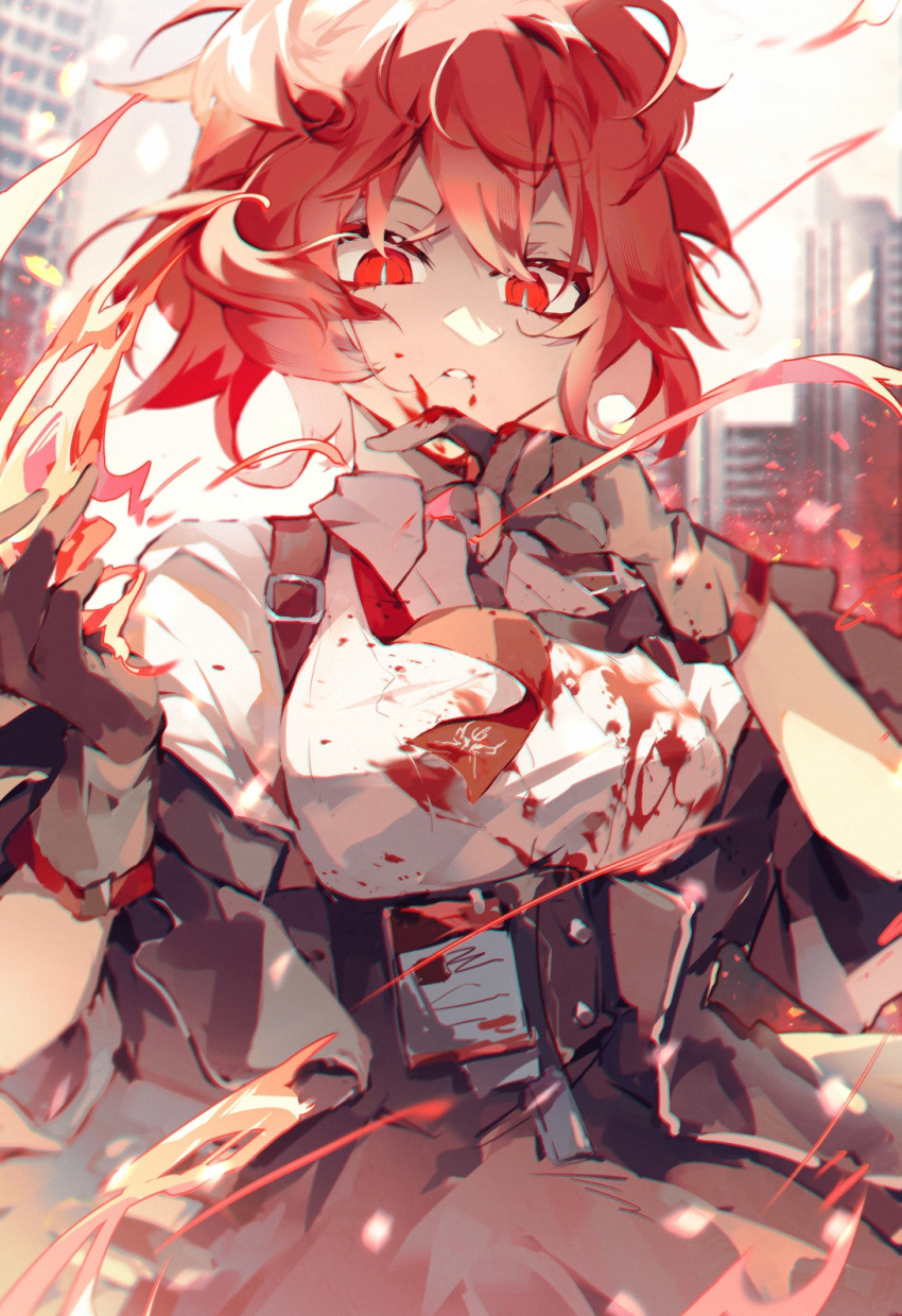 1girl arknights bangs black_gloves black_jacket black_skirt blood blood_on_clothes blood_on_face breasts cityscape collared_shirt cowboy_shot day eyebrows_visible_through_hair fiammetta_(arknights) finger_to_face fire gloves high-waist_skirt highres jacket looking_at_viewer medium_breasts necktie off_shoulder open_clothes open_jacket outdoors parted_lips red_eyes red_hair red_necktie sen_(5710265) shirt short_hair skirt solo white_shirt