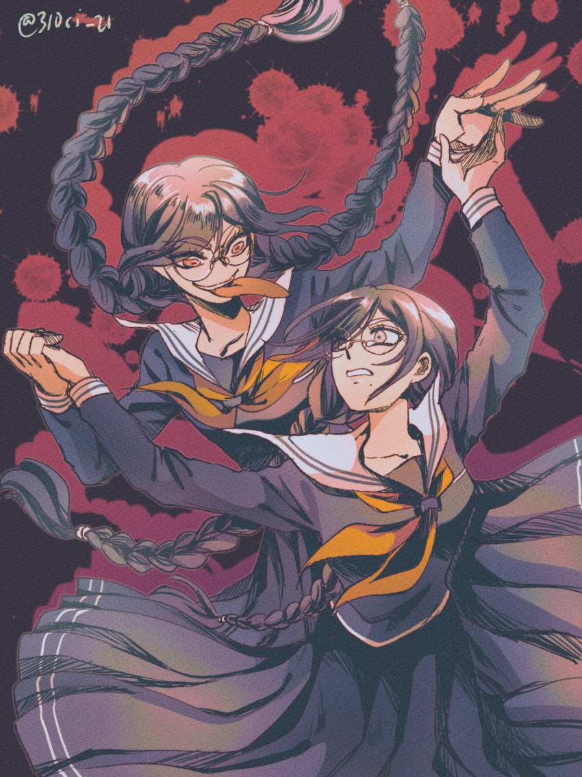 2girls absurdres bangs black_background black_skirt braid brown_hair collarbone danganronpa:_trigger_happy_havoc danganronpa_(series) dual_persona eyebrows_visible_through_hair fukawa_touko genocider_shou highres holding_hands long_hair long_sleeves long_tongue looking_at_another midori_(310ri_21) multiple_girls neckerchief orange_neckerchief pleated_skirt red_background round_eyewear skirt teeth tongue tongue_out twin_braids twintails v-shaped_eyebrows