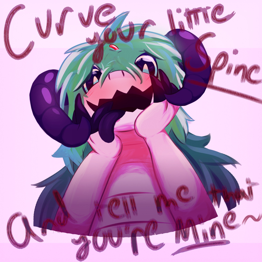 absurd_res anthro curled_horns dragon fur furred_dragon green_body green_fur hi_res looking_at_viewer male purple_tongue solo song_lyrics tongue vee_(vvmilotic) vvmilotic