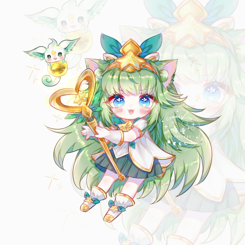 1girl :3 :d bangs blue_eyes blush bow commentary_request eyebrows_visible_through_hair fang full_body gloves green_bow green_hair hair_bow hair_ornament holding holding_staff league_of_legends long_hair looking_at_viewer lulu_(league_of_legends) miniskirt pix_(league_of_legends) pleated_skirt shiny shiny_hair shito_neko_(zitonger) shoes short_sleeves skirt smile staff star_(symbol) star_guardian_(league_of_legends) star_guardian_lulu watermark white_gloves yordle