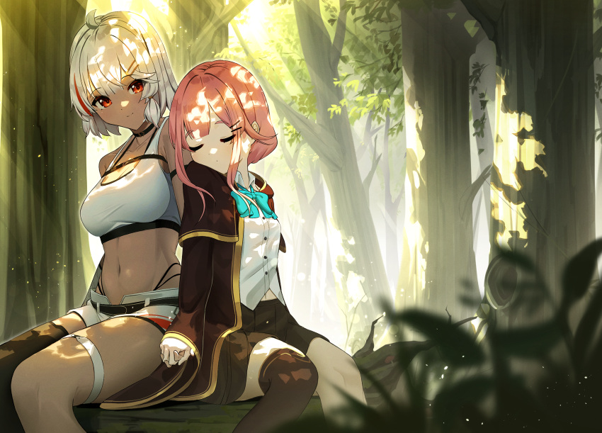 2girls ahoge aqua_bow aqua_bowtie arm_strap bangs bare_shoulders belt black_belt black_choker black_coat black_legwear black_skirt blunt_bangs book bow bowtie breasts chest_belt choker cleavage closed_mouth coat collarbone collared_shirt commentary_request cowboy_shot crop_top eyebrows_visible_through_hair forest groin hair_between_eyes hair_ornament hairclip highleg highleg_panties highres holding_hands large_breasts long_sleeves looking_at_viewer midriff multicolored_hair multiple_girls nature navel open_book original outdoors panties pleated_skirt red_eyes red_hair shirt short_hair short_shorts shorts sidelocks single_thighhigh sitting skindentation skirt sleeping small_breasts smile streaked_hair takom tank_top thigh_strap thighhighs tree tree_shade two-tone_hair undershirt underwear white_hair white_shirt white_shorts white_tank_top