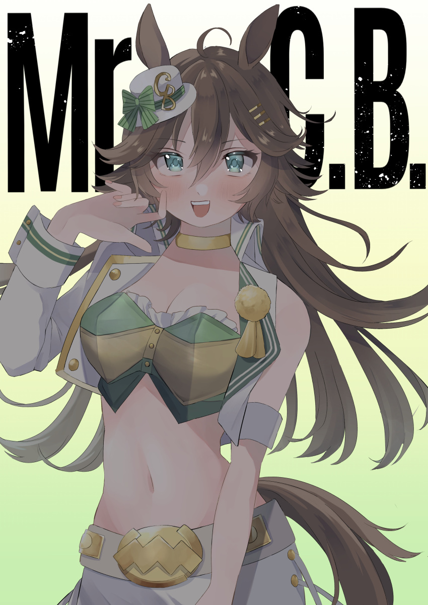 1girl :d absurdres ahoge animal_ears arm_belt bangs belt blue_eyes blush breasts brown_hair character_name choker cleavage collarbone commentary cowboy_shot crop_top cropped_jacket eyebrows_visible_through_hair gradient gradient_background green_background green_bandeau hair_between_eyes hair_ornament hairclip hand_up hat highres horse_ears horse_girl horse_tail hugupero jacket long_hair long_sleeves looking_at_viewer medium_breasts midriff mini_hat mini_top_hat mr._c.b._(umamusume) navel open_clothes open_jacket open_mouth pants sidelocks simple_background single_bare_shoulder single_sleeve sleeve_cuffs smile solo standing tail teeth top_hat umamusume upper_teeth white_background white_belt white_headwear white_pants yellow_choker