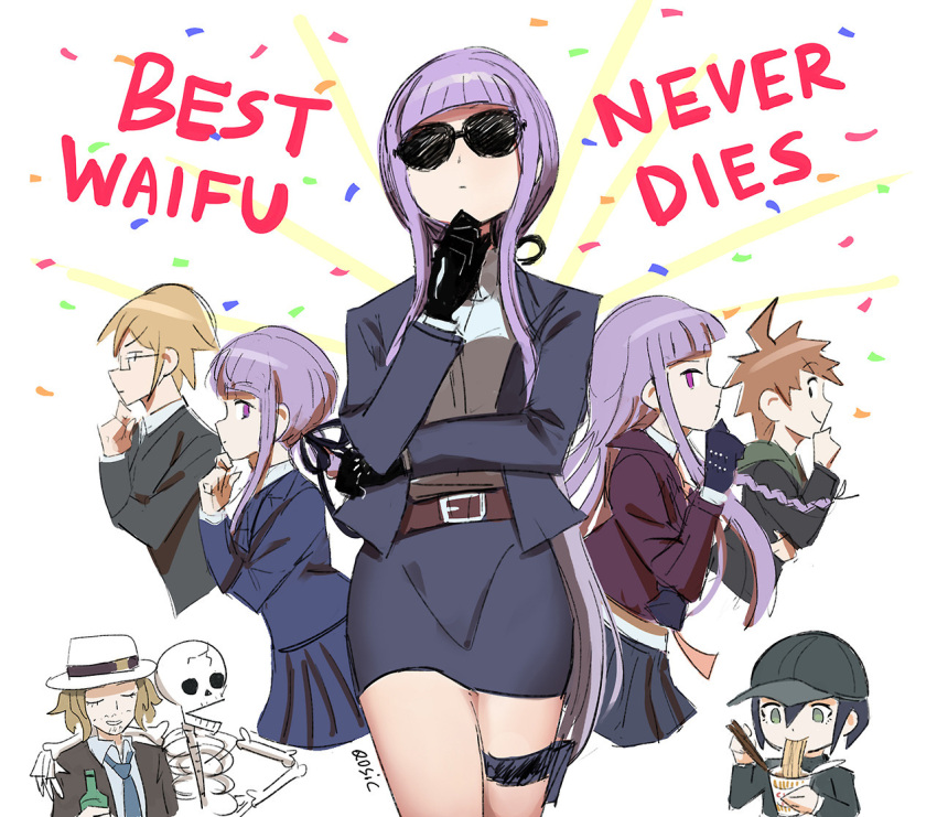 3girls 4boys artist_name bangs beard black_gloves black_jacket bottle braid brown_eyes chopsticks collared_shirt danganronpa:_trigger_happy_havoc danganronpa_(series) danganronpa_3_(anime) danganronpa_v3:_killing_harmony eating facial_hair food from_side glasses gloves grey_shirt hair_between_eyes holding holding_chopsticks jacket kirigiri_kyouko long_hair long_sleeves matsuda_yasuke multiple_boys multiple_girls multiple_persona naegi_makoto noodles open_clothes open_jacket pencil_skirt pleated_skirt profile qosic ramen saihara_shuuichi shirt skirt skull smile sunglasses togami_byakuya white_headwear