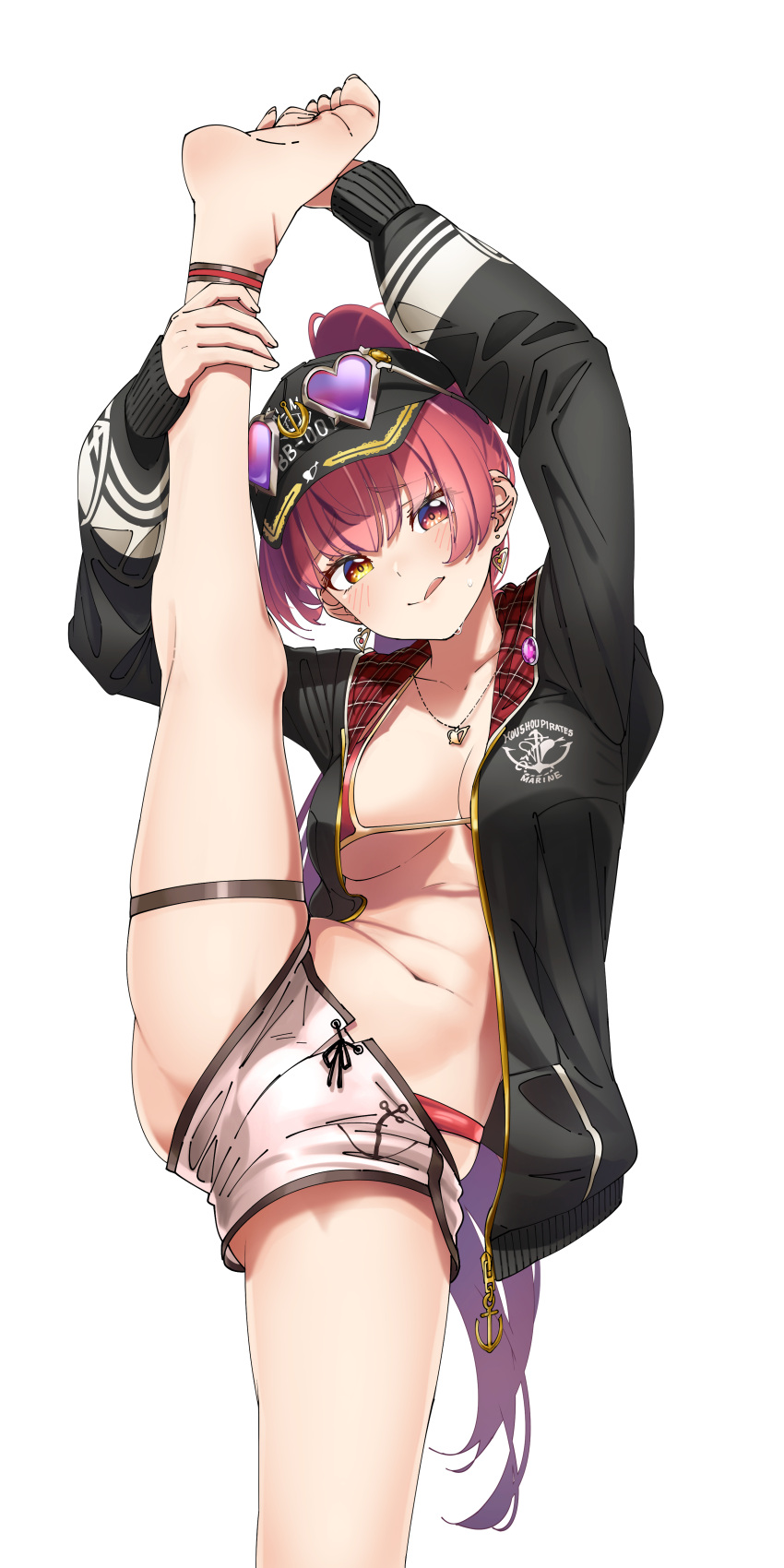 1girl :q absurdres ankle_strap anklet armpits barefoot baseball_cap bikini bikini_under_clothes breasts dolphin_shorts earrings eyewear_on_headwear hat heterochromia high_ponytail highleg highleg_bikini highres hololive houshou_marine jacket jewelry large_breasts legs long_hair looking_at_viewer murakami_ryouga necklace open_mouth ponytail red_bikini red_eyes red_hair shorts solo split standing standing_on_one_leg standing_split sweat swimsuit thigh_strap thighs tongue tongue_out trembling virtual_youtuber white_background white_shorts yellow_eyes