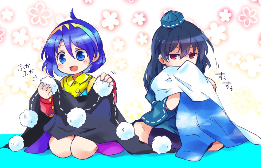 2girls blue_dress blue_eyes blue_hair blue_headwear blush cloak dress eyebrows_visible_through_hair hair_between_eyes hairband hat highres iizunamaru_megumu long_hair long_sleeves motion_lines multicolored_clothes multicolored_dress multicolored_hairband multiple_girls open_mouth pom_pom_(clothes) pote_(ptkan) rainbow_gradient red_eyes short_hair sky_print smile tenkyuu_chimata tokin_hat touhou white_cloak