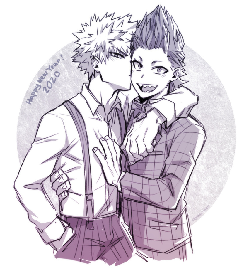 2020 2boys alek_reyes arm_around_back arm_around_neck bakugou_katsuki boku_no_hero_academia bow bowtie collared_shirt happy_new_year highres kirishima_eijirou kiss kissing_cheek looking_at_viewer monochrome multiple_boys necktie open_mouth sharp_teeth shirt signature smile spiked_hair suspenders teeth white_shirt yaoi