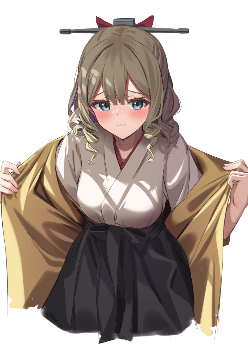 1girl absurdres black_hakama blue_eyes blush closed_mouth drill_locks eyebrows_visible_through_hair furisode hair_between_eyes hakama hatakaze_(kancolle) highres japanese_clothes kantai_collection kimono kokenashi light_brown_hair long_sleeves looking_at_viewer meiji_schoolgirl_uniform short_hair simple_background solo white_background white_kimono wide_sleeves