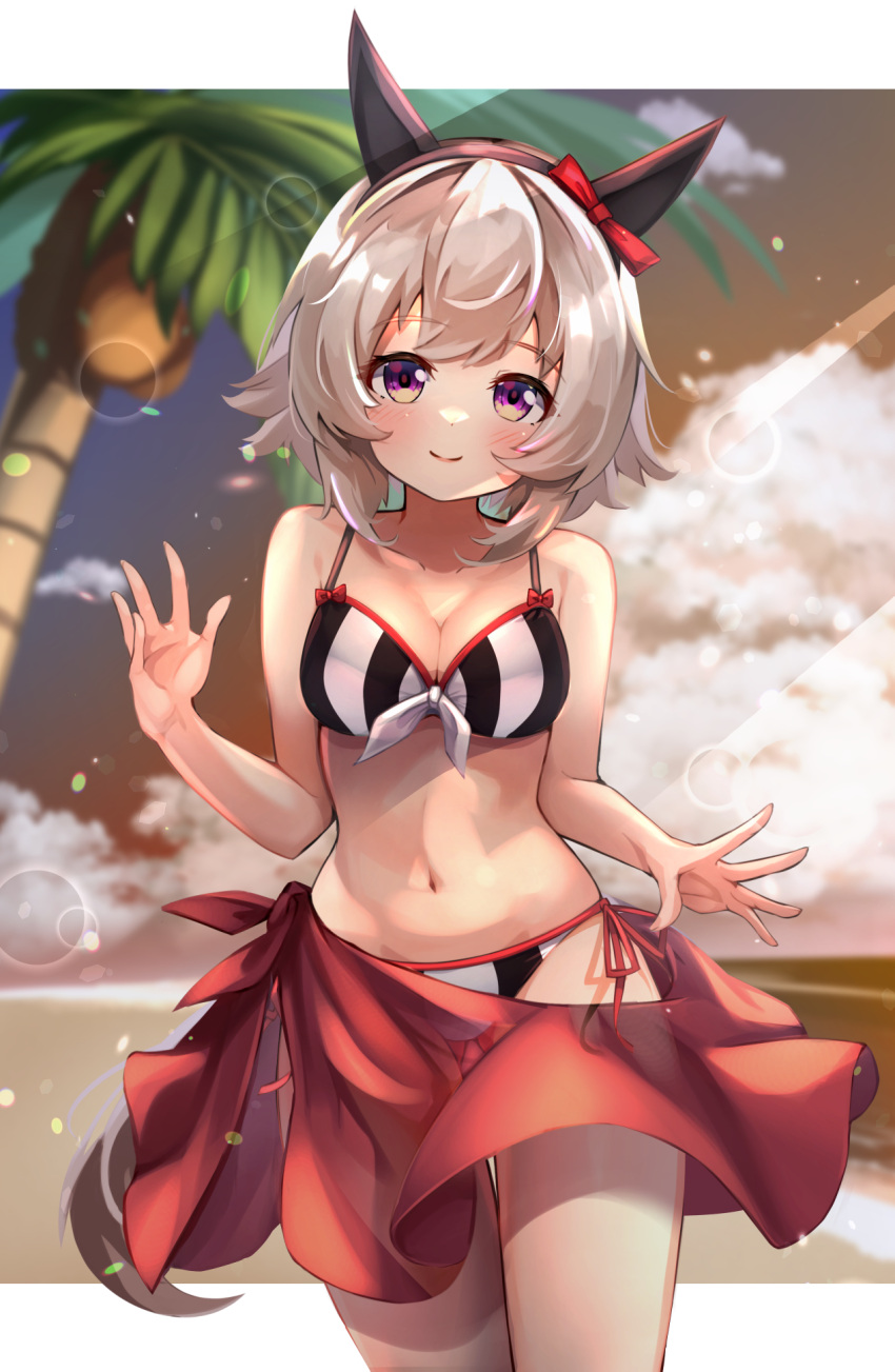 1girl animal_ears bangs bare_arms bare_shoulders bikini blush bow cloud coconut coconut_tree commentary_request cowboy_shot curren_chan_(umamusume) emsan front-tie_bikini front-tie_top hair_bow highres horse_ears lens_flare looking_at_viewer navel outdoors palm_tree red_bow sarong short_hair side-tie_bikini silver_hair smile solo standing stomach striped striped_bikini swimsuit thighs tree umamusume vertical-striped_bikini vertical_stripes