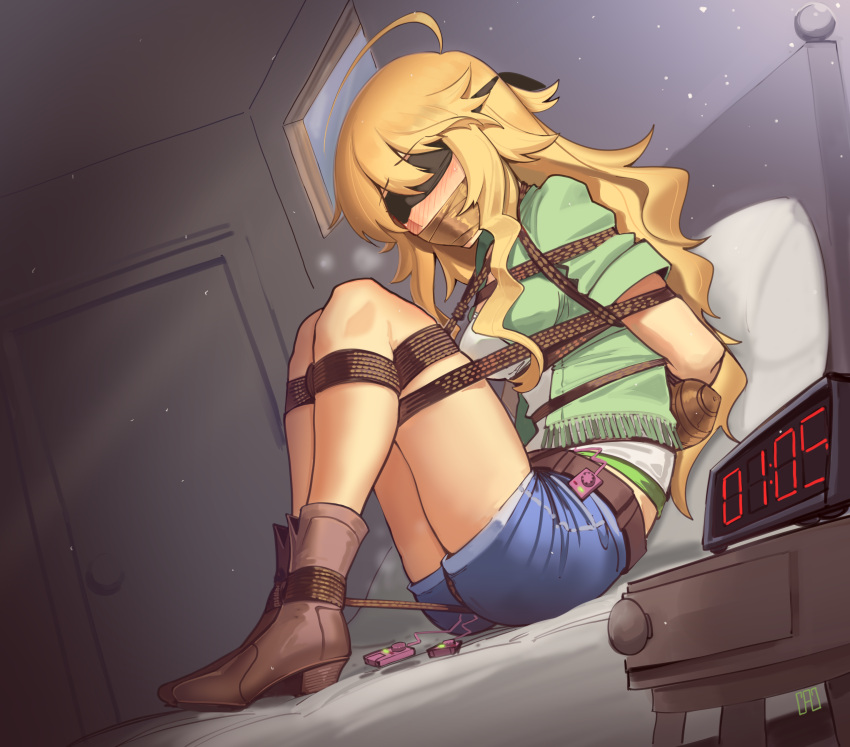 1girl absurdres ahoge arms_behind_back bdsm black_blindfold blindfold blonde_hair blush bondage bound box_tie cad_(caddo) denim denim_shorts gag gagged green_eyes highres hoshii_miki idolmaster improvised_gag kidnapped long_hair restrained sex_toy shibari shibari_over_clothes short_shorts shorts solo tape tape_gag vibrator