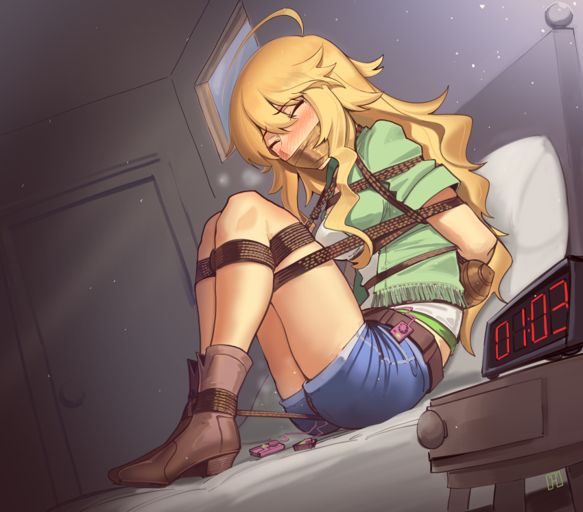 1girl absurdres ahoge arms_behind_back bdsm blonde_hair blush bondage bound box_tie cad_(caddo) closed_eyes denim denim_shorts gag gagged green_eyes highres hoshii_miki idolmaster improvised_gag kidnapped long_hair restrained sex_toy shibari shibari_over_clothes short_shorts shorts solo tape tape_gag vibrator