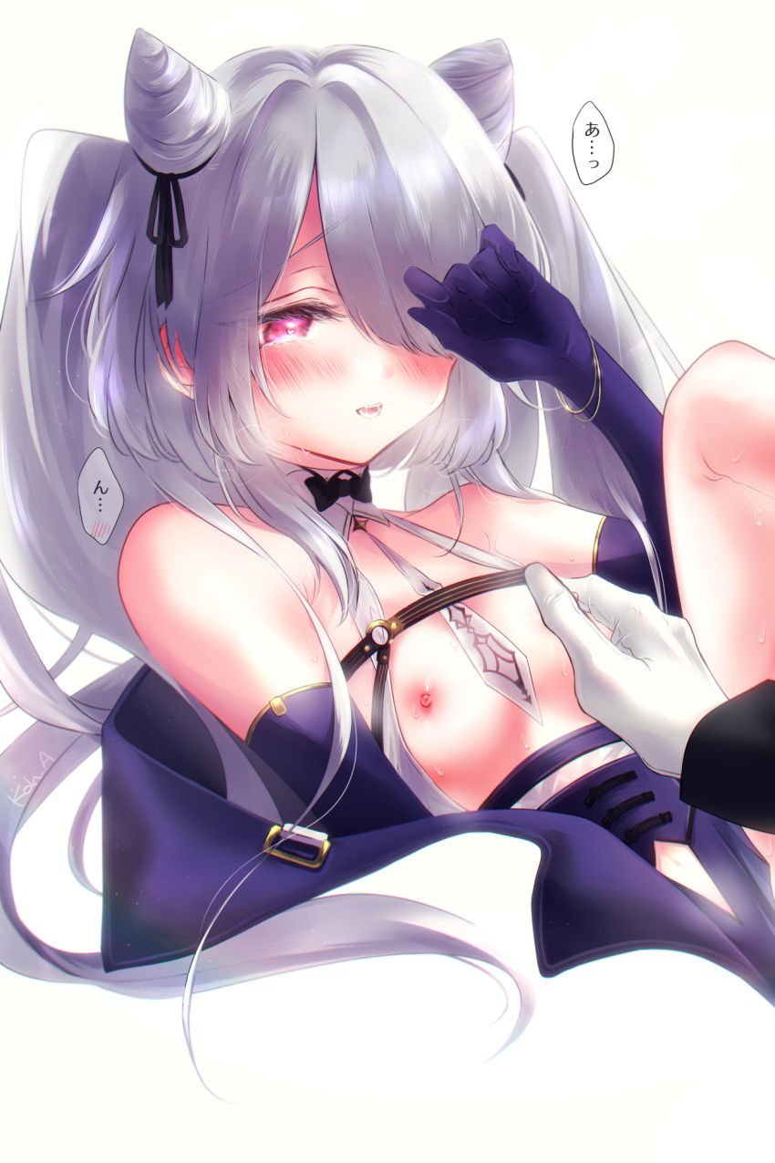 1boy 1girl azur_lane bangs bare_shoulders black_bow black_bowtie black_gloves black_ribbon blush bow bowtie breasts breasts_out cleavage commander_(azur_lane) commentary_request elbow_gloves embarrassed gloves hair_cones hair_over_one_eye heart heart_in_eye highres jewelry kiev_(azur_lane) kiev_(backstreet_silver_sonata)_(azur_lane) koa_(koh_a) long_hair nervous nipple_tweak nipples official_alternate_costume one_eye_covered open_mouth red_eyes ribbon silver_hair symbol_in_eye translation_request twintails white_gloves
