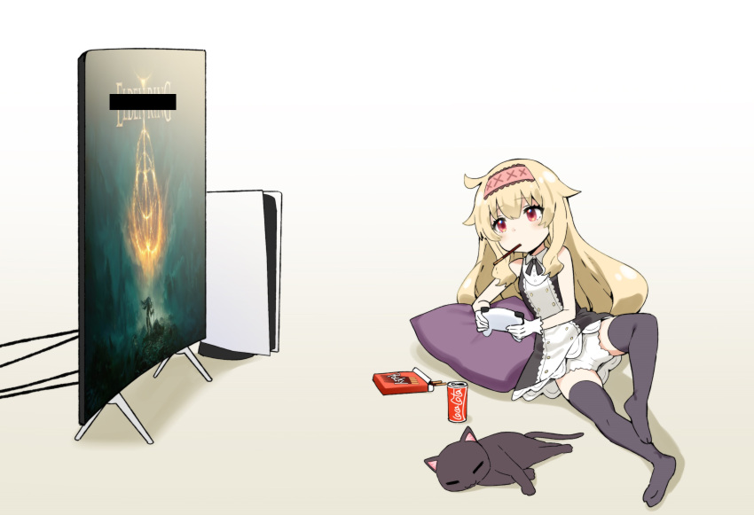 1girl absurdres bangs bar_censor bare_arms black_cat black_legwear blonde_hair cat censored coca-cola commentary_request controller dress elden_ring eyebrows_visible_through_hair food game_controller gloves hair_between_eyes hairband highres little_witch_nobeta long_hair nobeta official_art panties pillow playing_games pocky pocky_in_mouth red_eyes second-party_source sky-freedom sleeveless sleeveless_dress solo thighhighs underwear white_gloves white_panties