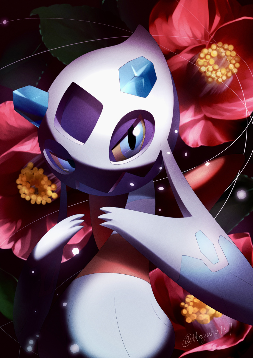 absurdres blue_eyes camellia closed_mouth colored_sclera commentary_request flower froslass highres jun_meguru looking_at_viewer no_humans pokemon pokemon_(creature) red_flower solo twitter_username yellow_sclera