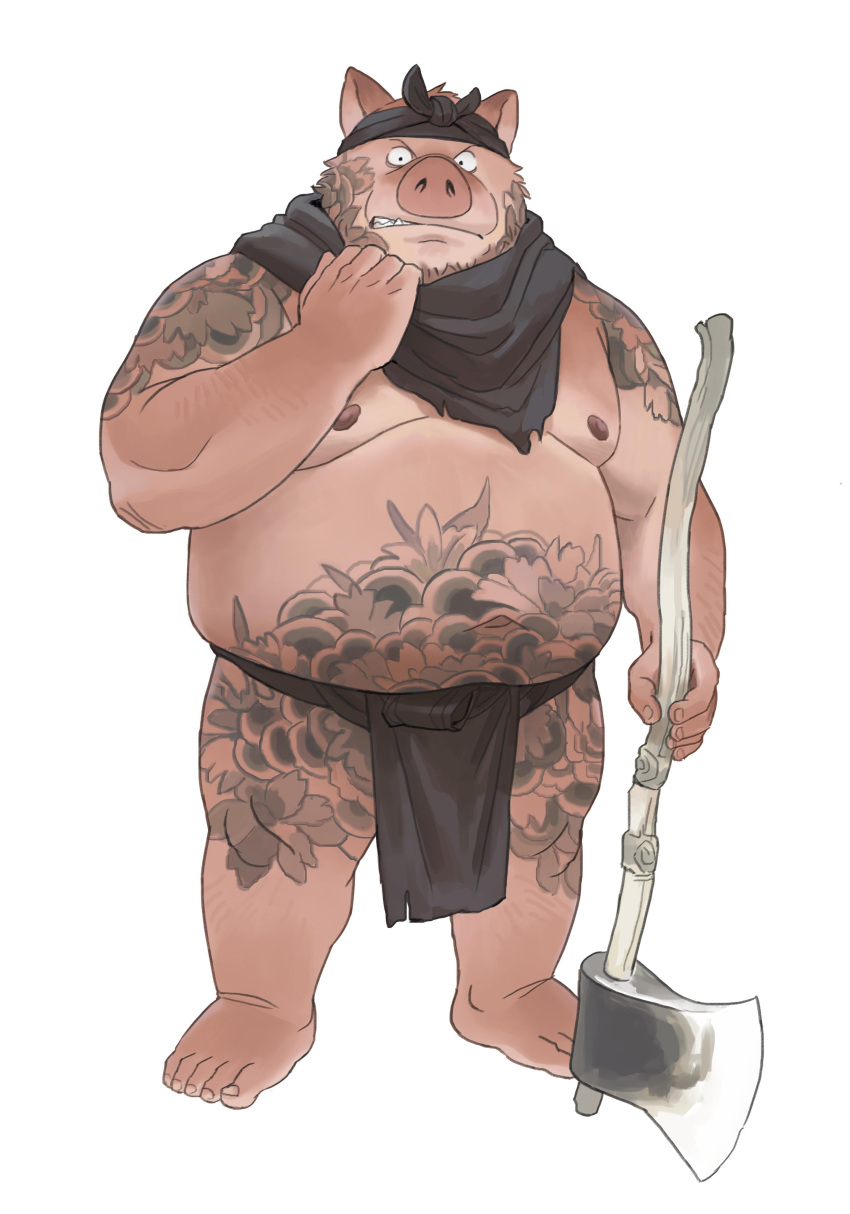 2022 absurd_res anthro belly bottomwear clothing hi_res humanoid_hands huynhduyad14 loincloth male mammal moobs nipples overweight overweight_male simple_background solo suid suina sus_(pig) tattoo weapon white_background wild_boar