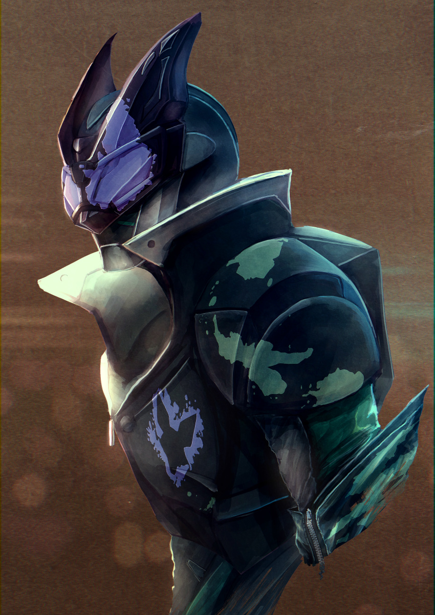 1boy absurdres animal_ears armor black_armor brown_background dark_foreground evil highres jackal jackal_ears jackal_genome kamen_rider kamen_rider_evil kamen_rider_revice kozsen_810290 male_focus purple_eyes sky splatter splatter_print symbol-only_commentary tokusatsu upper_body villain_pose weapon