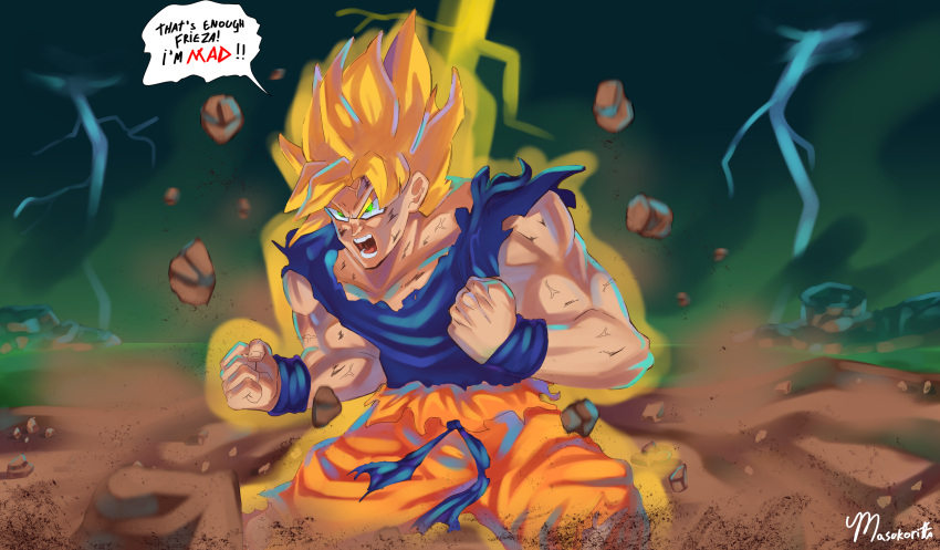 absurdres angry battle_damage blonde_hair dougi dragon_ball dragon_ball_z green_eyes highres male_focus masukoritta muscular muscular_male son_goku spiked_hair super_saiyan super_saiyan_1 torn_clothes transformation veins